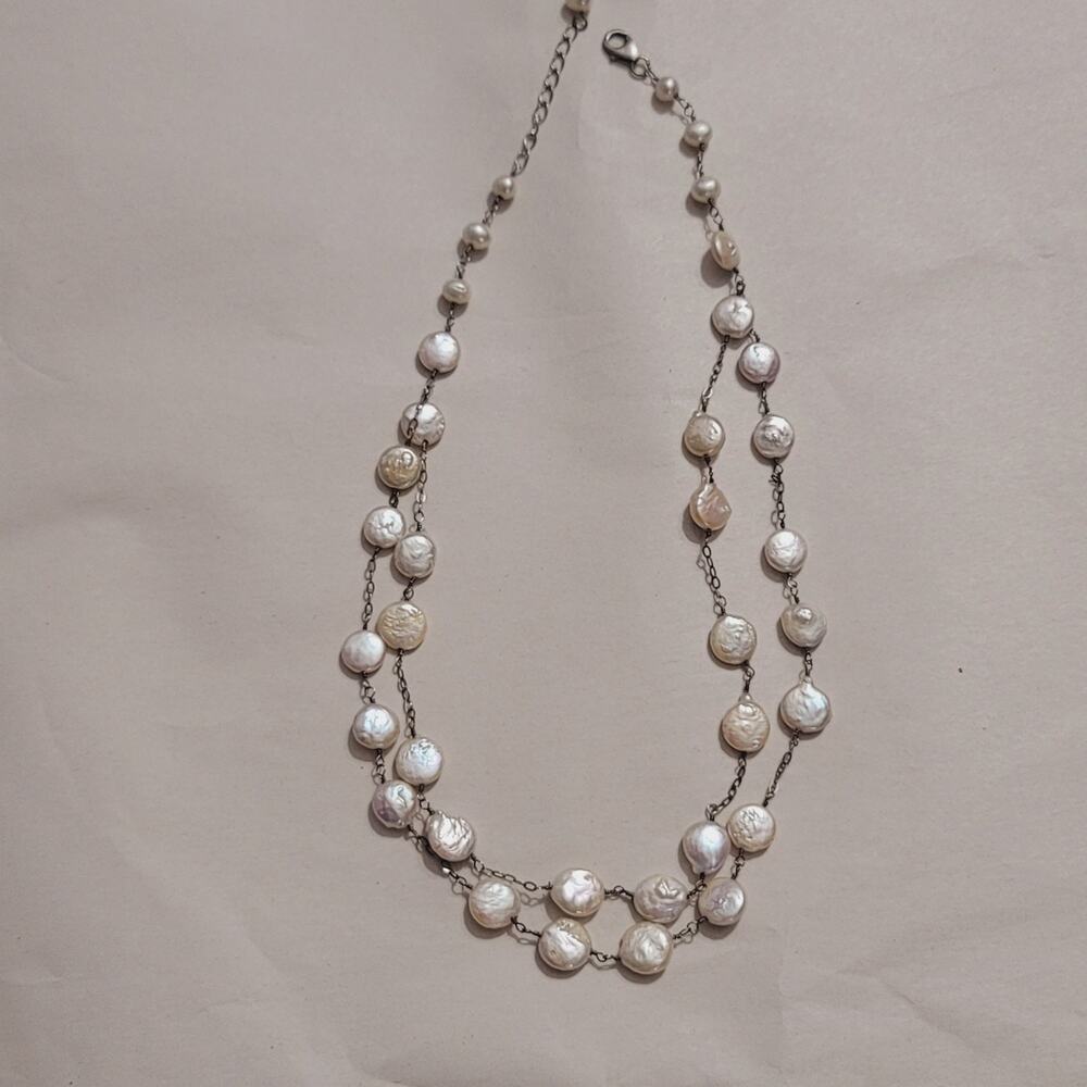 Double Strand Baroque Pearl Chain Necklace Sterling Silver 19"